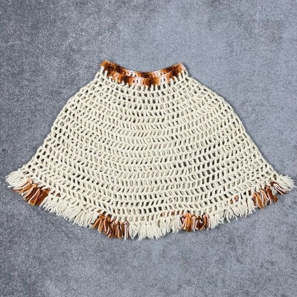 Vintage 60s 70s Cream Hand Crocheted Fringe Poncho One Size - Picture 2 of 4